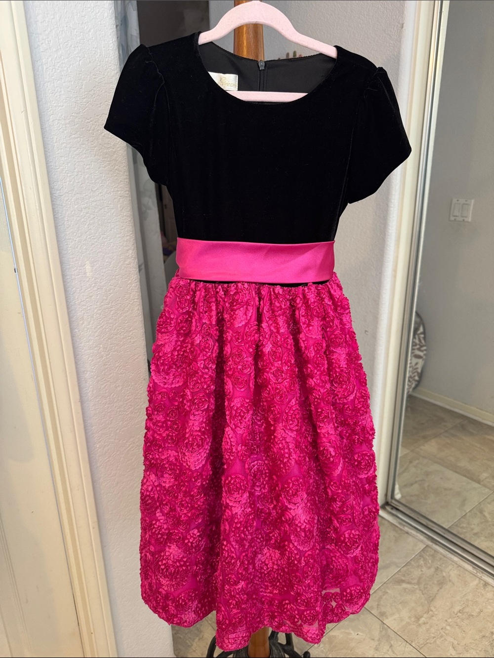 American Princess Black Velvet Bodice with Fuchsia Rose-Textured Skirt Dress